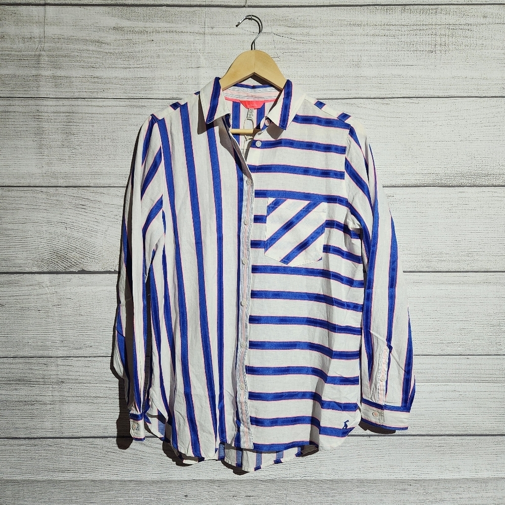 NWT Joules Blue and White Striped Linen Blend Shirt, Size 8